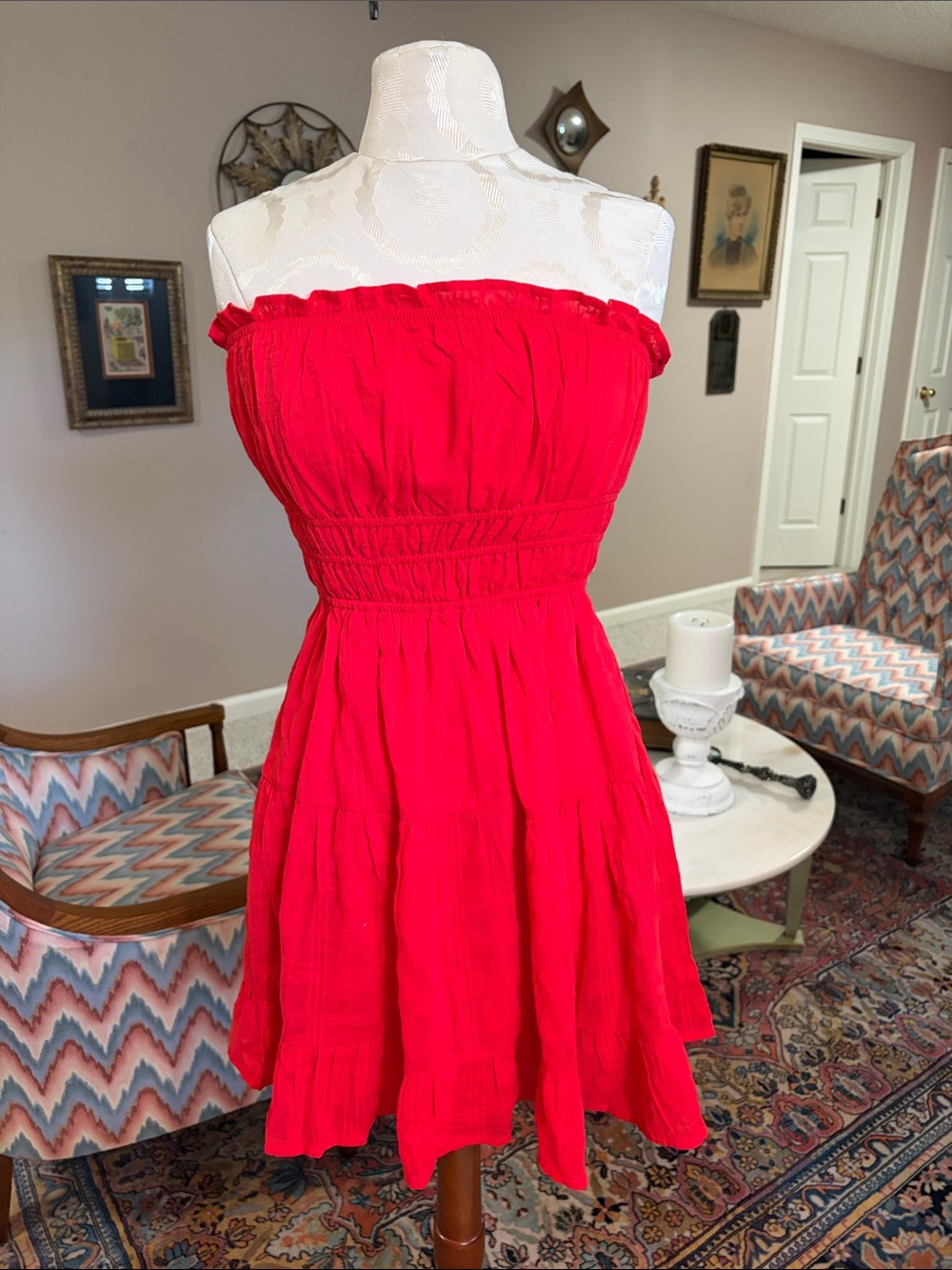 Thirty/Thirty LA Red Strapless Smocked Mini Dress M – Ruffle Summer Boho